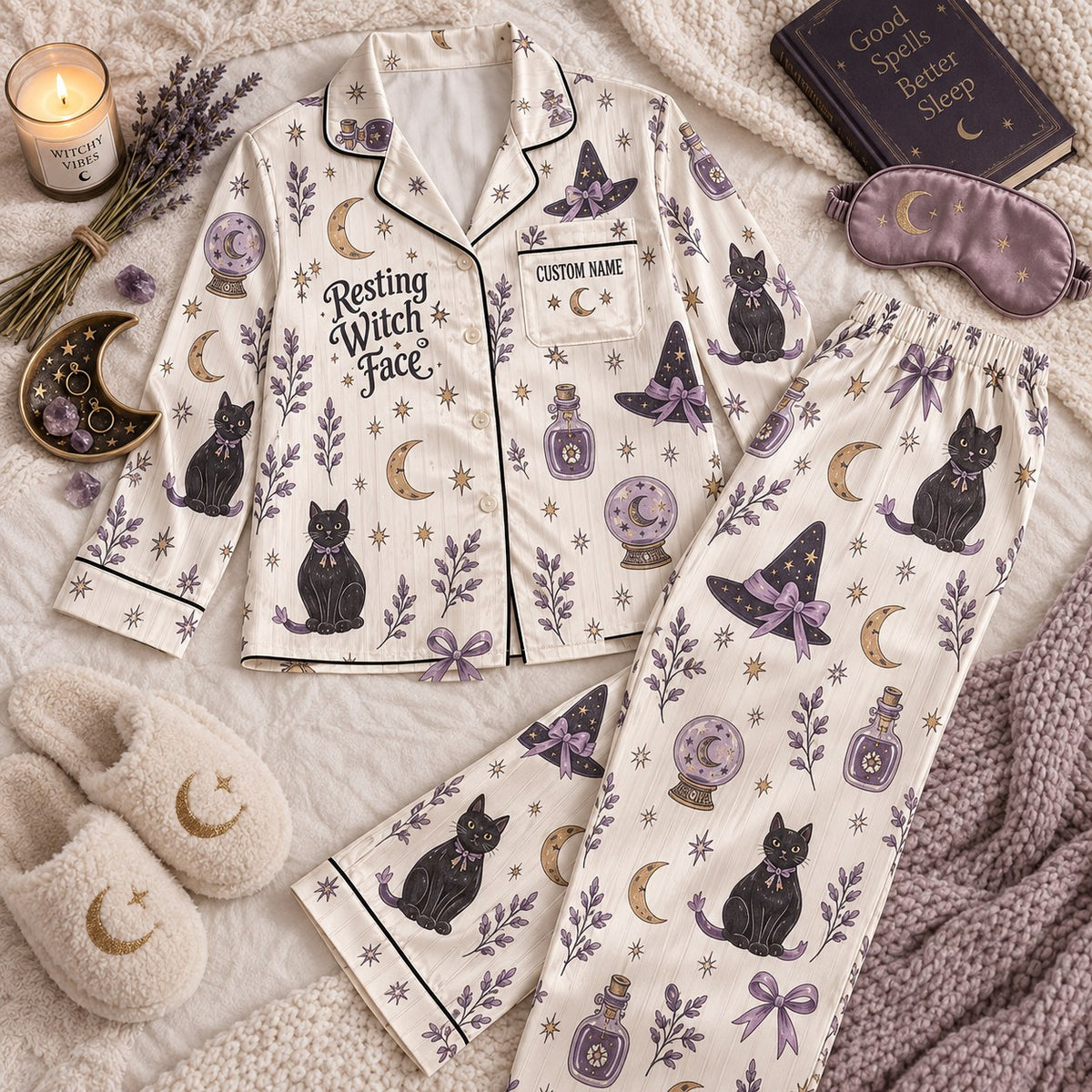 cream witchy cat satin pajamas flat lay with a custom name on the chest
