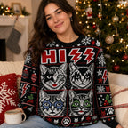 woman wearing a black all over print ugly christmas sweater with four
