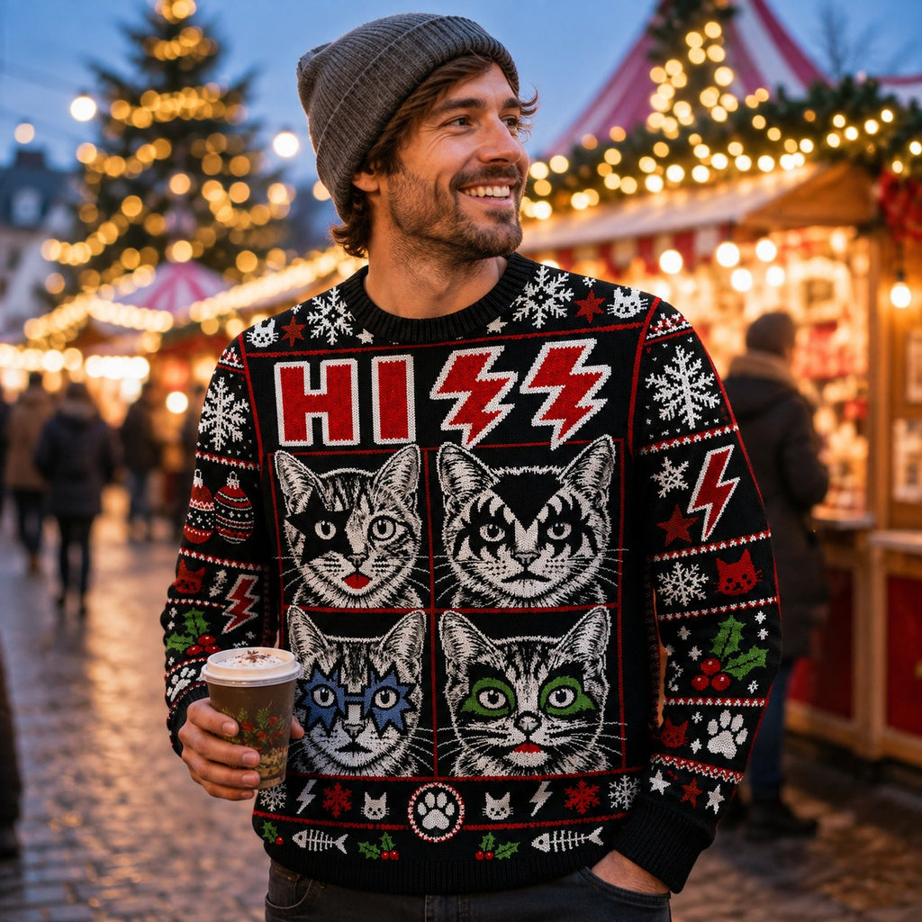 man wearing an ugly christmas sweater with a rock band kittens design