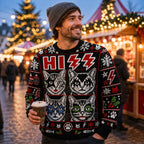 man wearing an ugly christmas sweater with a rock band kittens design