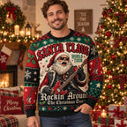 man wearing a red and green ugly christmas sweater with a guitar-playing