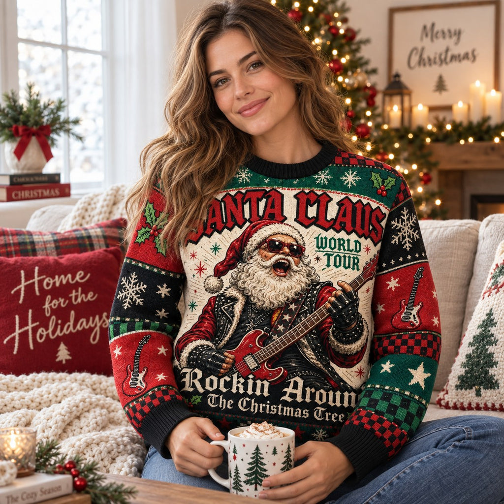 woman holding a mug and wearing a rockin around the christmas tree
