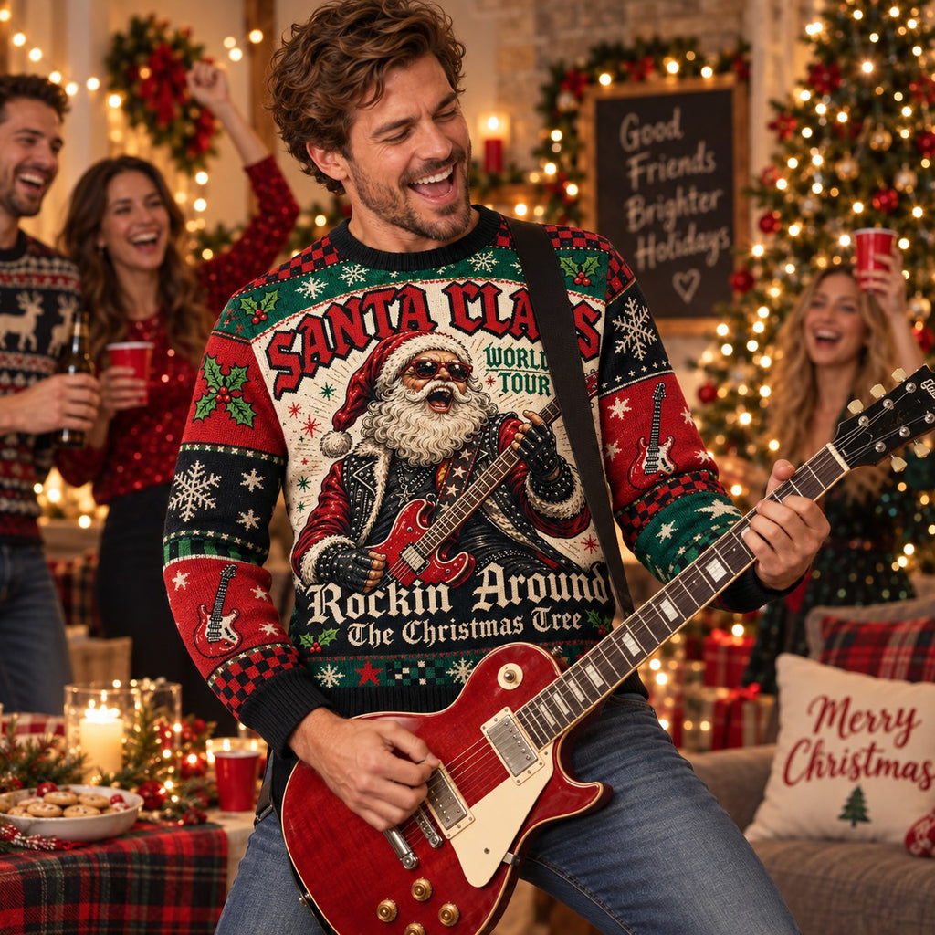man playing air guitar in a santa claus world tour ugly christmas