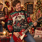 man playing air guitar in a santa claus world tour ugly christmas