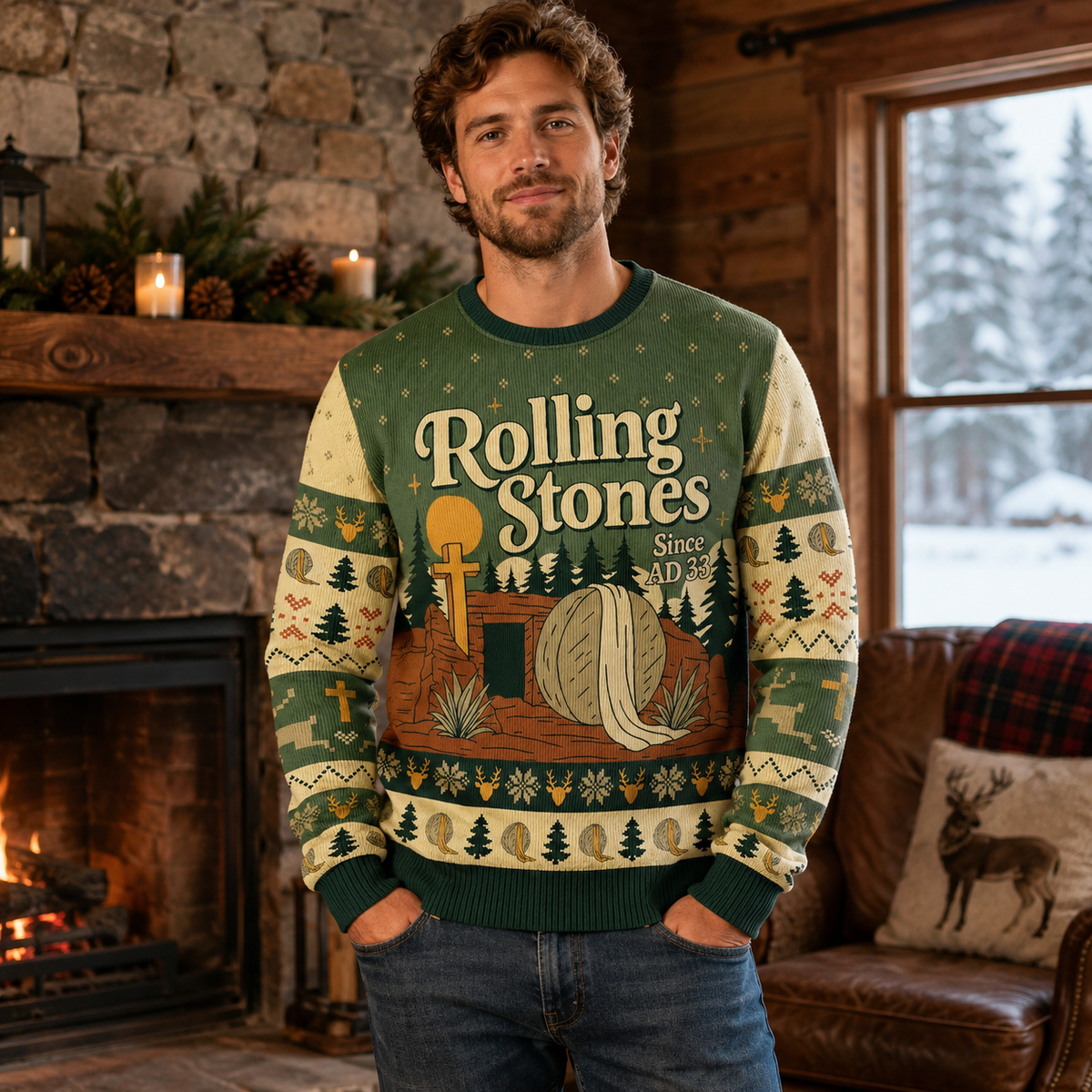 man wearing a rolling stones ugly christmas sweater in a cabin