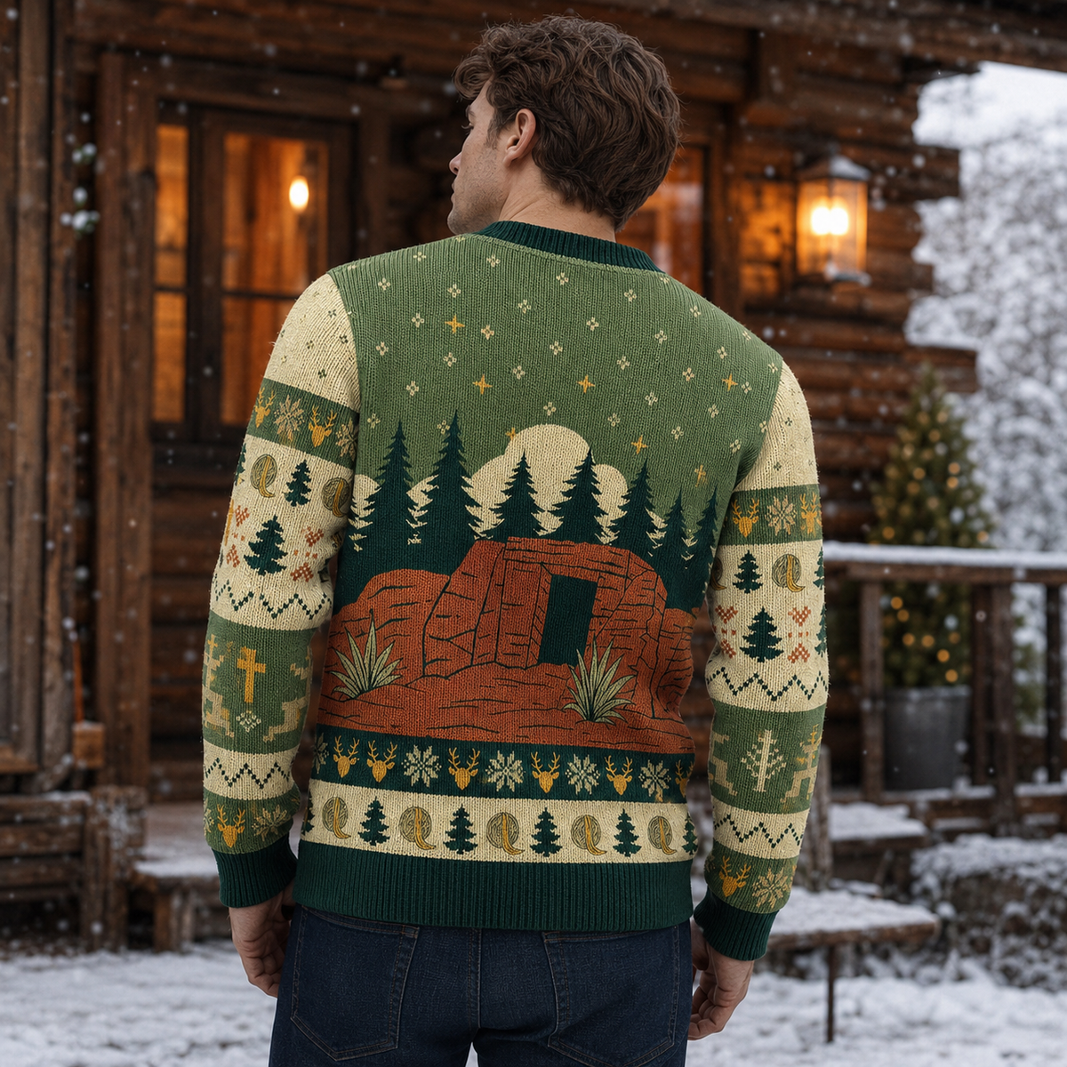 back of a forest scene knitted ugly christmas sweater