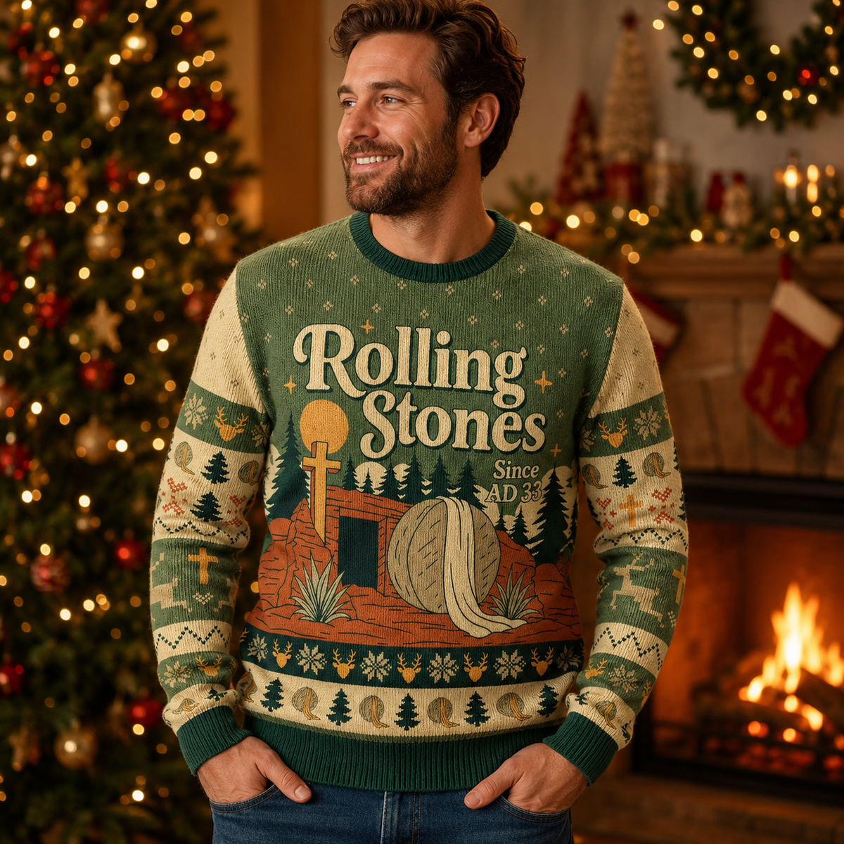 smiling man in a rolling stones merry christmas sweater by tree