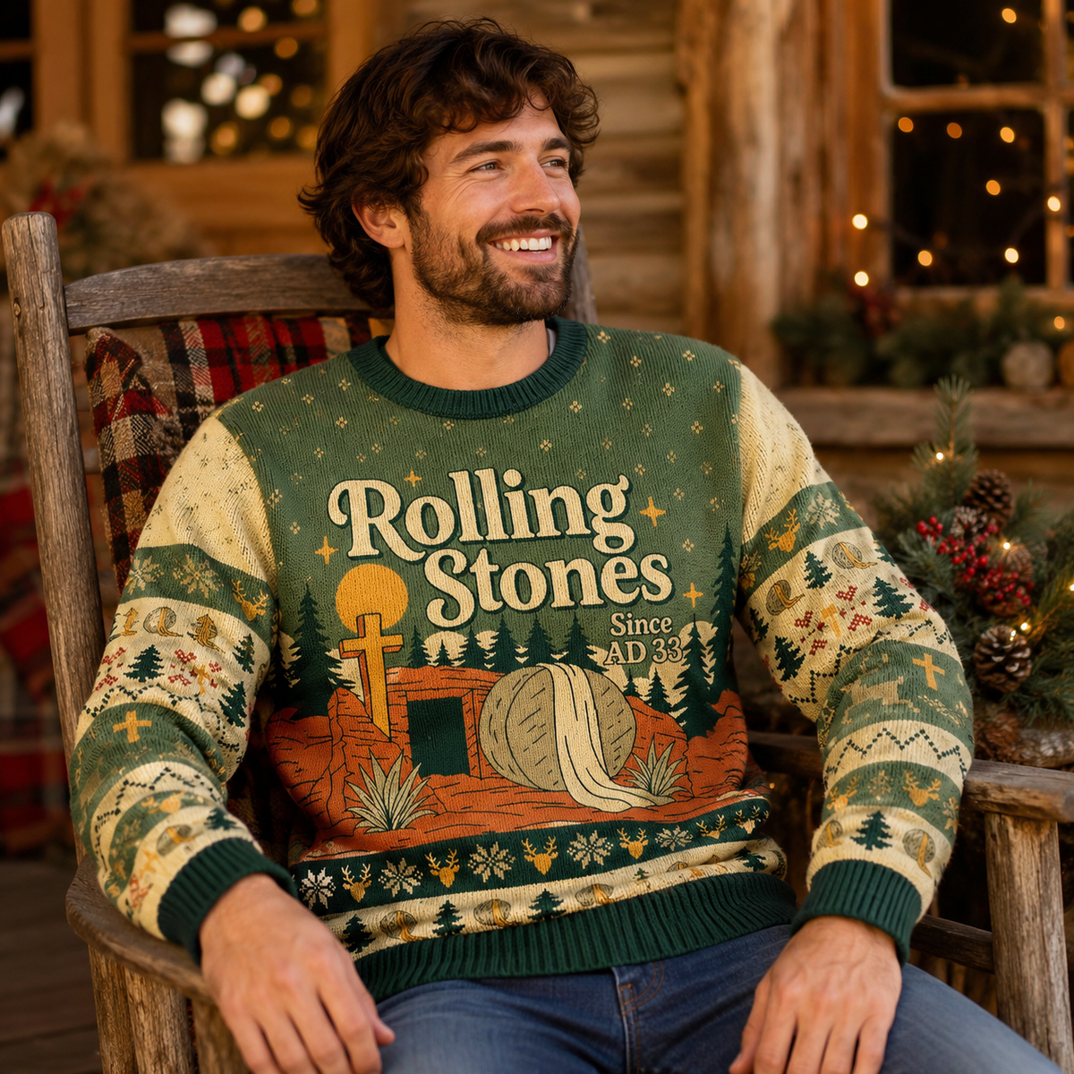 Rolling Stones Since AD 33 Ugly Christmas Sweater, Forest Stone Knit Holiday Jumper, Merry Christmas Sweater Gifts For Him