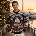 man wearing a sailboat boats and hoes ugly christmas sweater at a