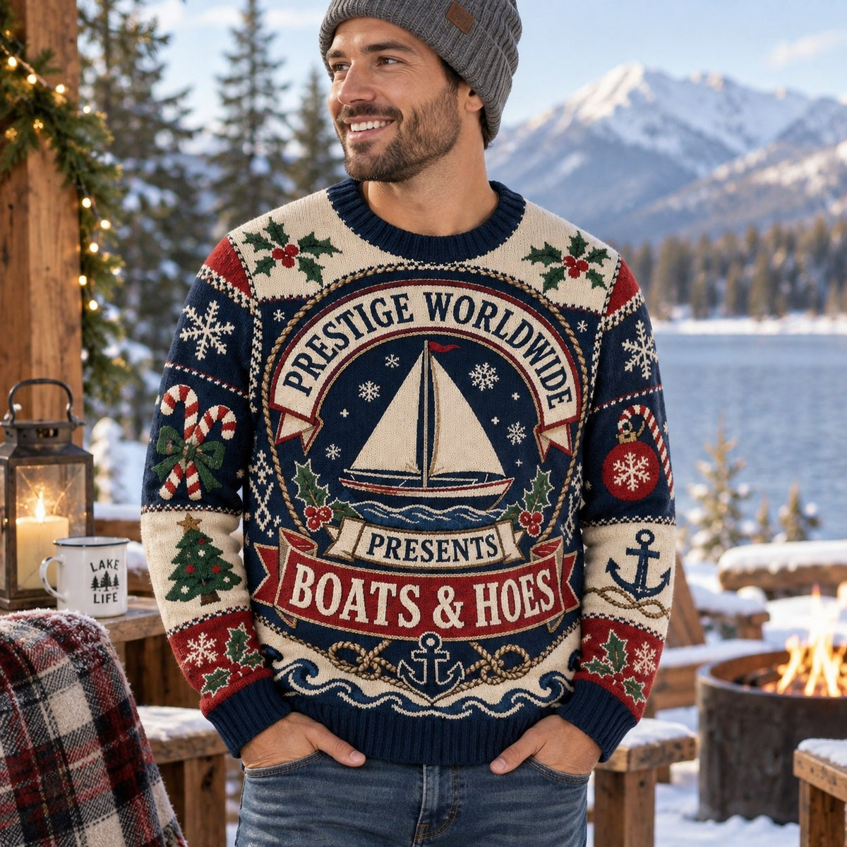 sailboat boats and hoes ugly christmas sweater close up on the festive