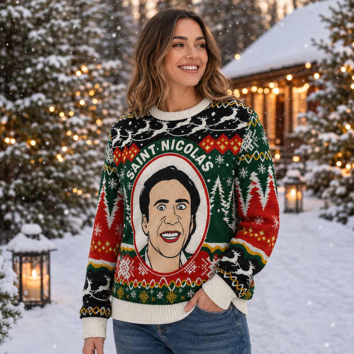 ugly christmas sweater with face, saint nicolas illustrated portrait on fair isle