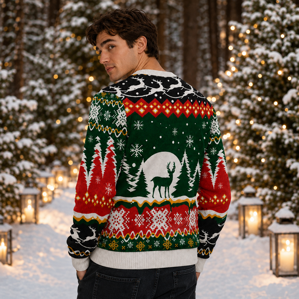back view of knitted christmas sweater showing fair isle pattern and reindeer