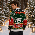 back view of knitted christmas sweater showing fair isle pattern and reindeer