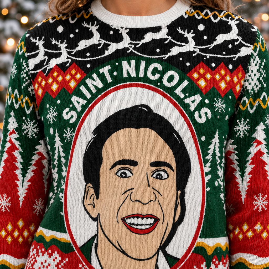 close up of saint nicolas illustrated face portrait on knitted holiday sweater