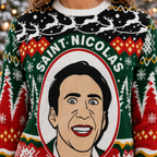 close up of saint nicolas illustrated face portrait on knitted holiday sweater