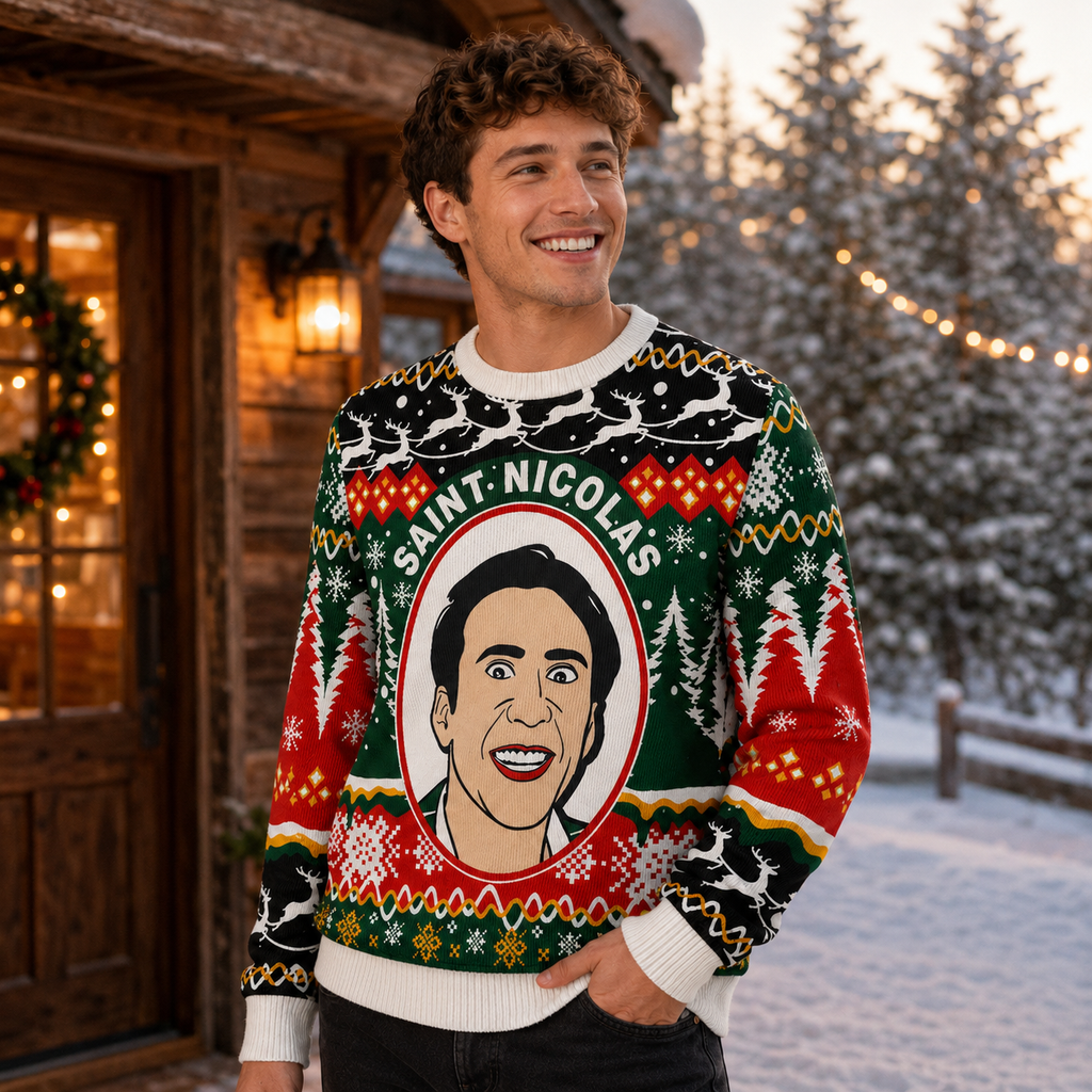 smiling man wearing ugly christmas sweater with saint nicolas illustrated face design