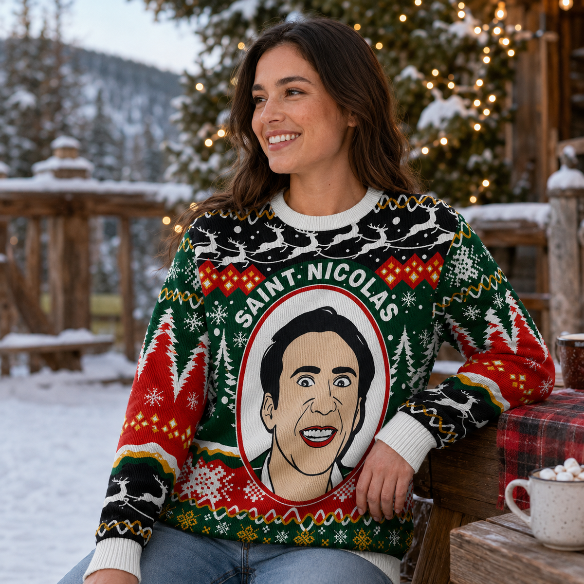 Saint Nicolas Ugly Christmas Sweater With Face, Knitted Holiday Jumper Gifts For Him