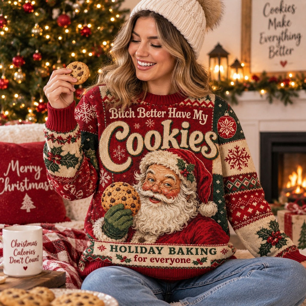 woman holding a cookie in a red santa ugly christmas sweater