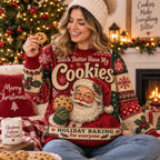 woman holding a cookie in a red santa ugly christmas sweater