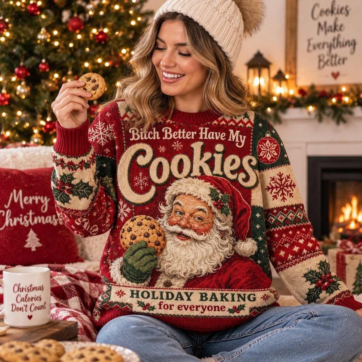 woman holding a cookie in a red santa ugly christmas sweater