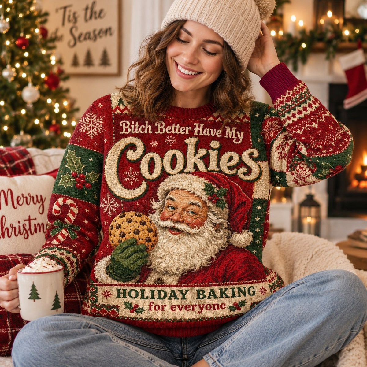 woman laughing in a holiday baking christmas sweater with cocoa