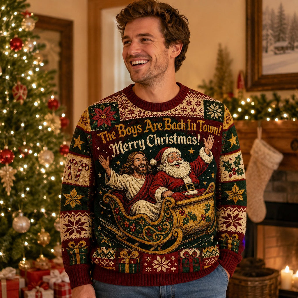 man wearing a santa and ugly christmas sweater indoors by a lit