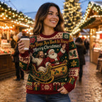 woman holding a coffee cup in a merry christmas ugly sweater at
