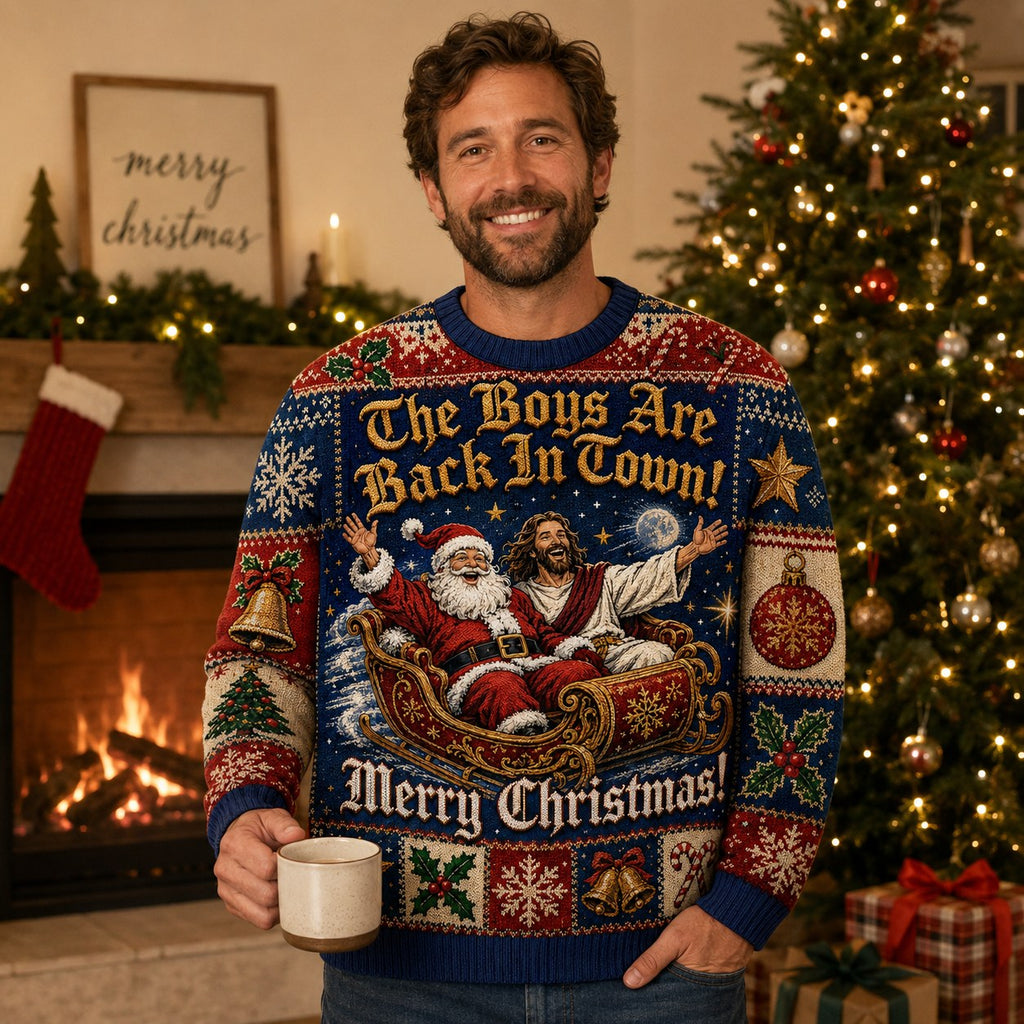 man wearing a navy ugly christmas sweater with santa and , boys