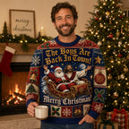 man wearing a navy ugly christmas sweater with santa and , boys