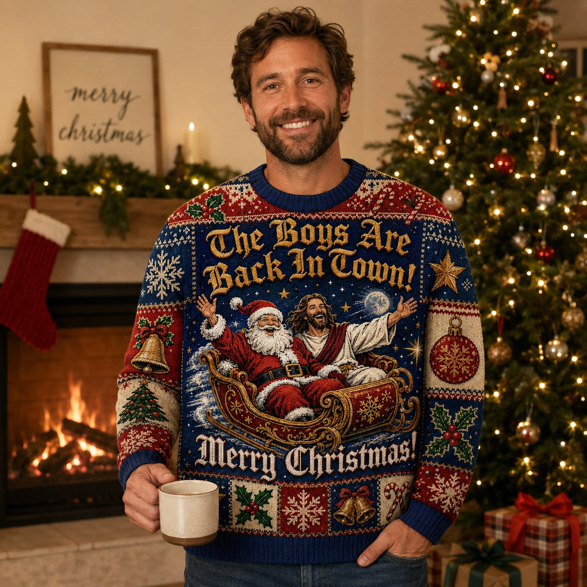 man wearing a navy ugly christmas sweater with santa and , boys