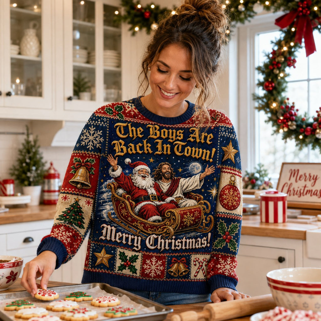 woman baking in a festive ugly christmas sweater with santa, and merry