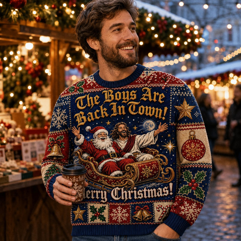 man in a snowy christmas market wearing the boys are back in