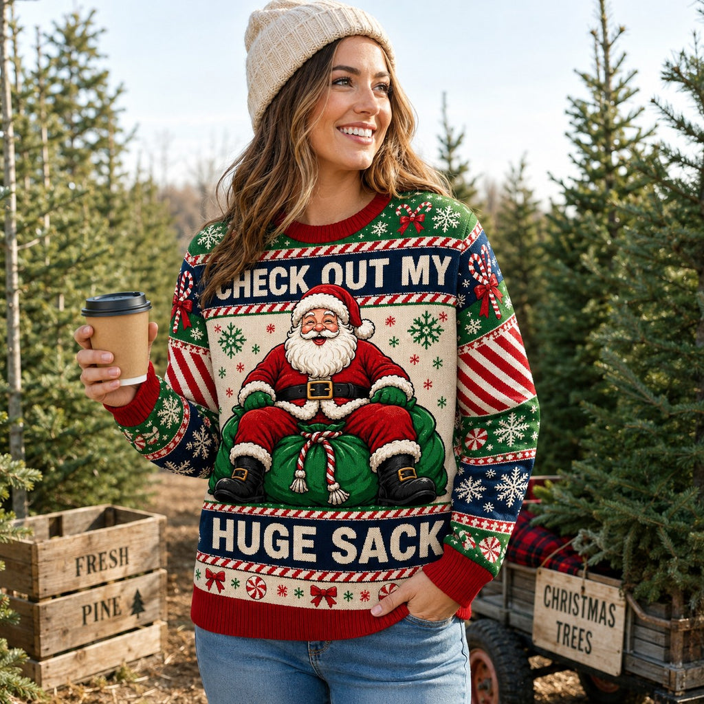 woman wearing an ugly christmas sweater with santa and check out my