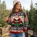woman wearing an ugly christmas sweater with santa and check out my