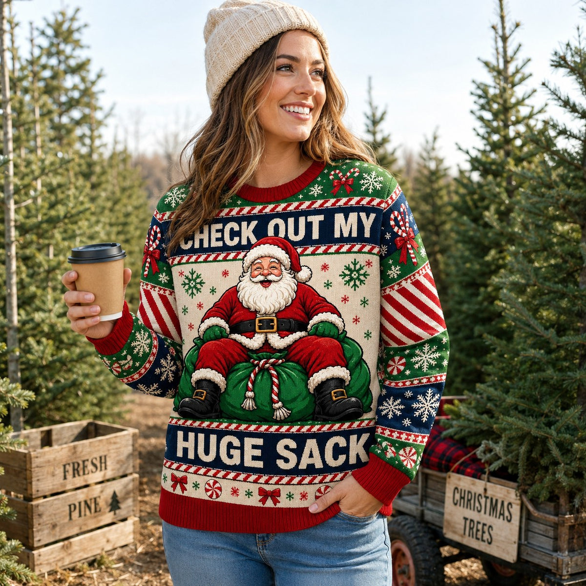 woman wearing an ugly christmas sweater with santa and check out my