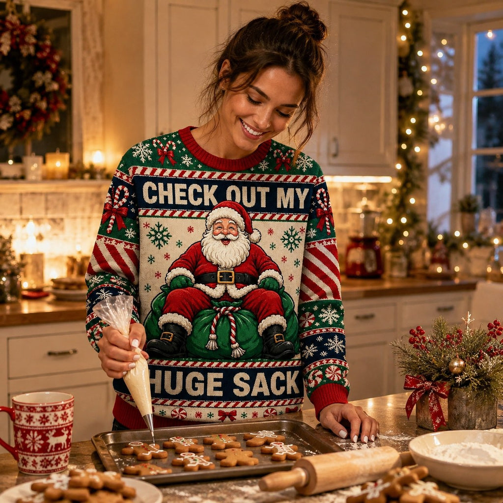woman piping icing onto gingerbread cookies while wearing a santa ugly christmas