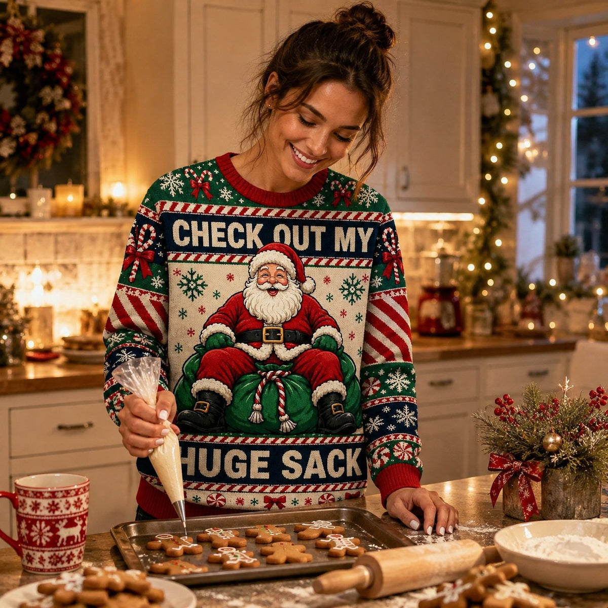 woman piping icing onto gingerbread cookies while wearing a santa ugly christmas