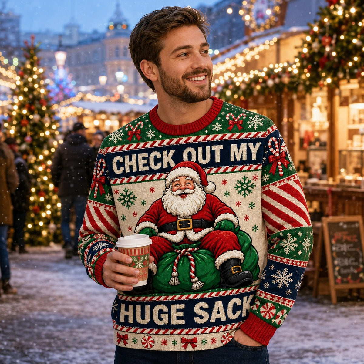 man in a santa claus ugly christmas sweater holding a takeaway coffee