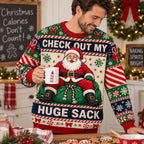 man in a santa ugly christmas sweater holding a ho ho ho