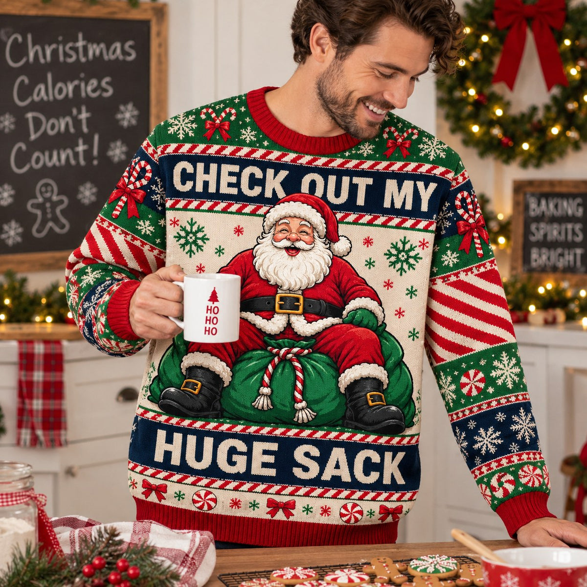 man in a santa ugly christmas sweater holding a ho ho ho