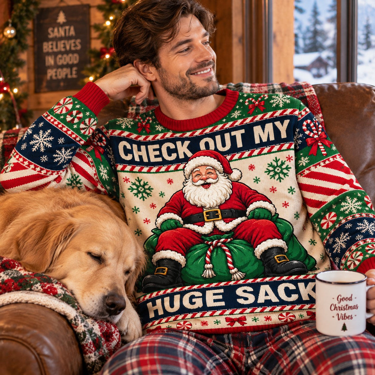 Santa Check Out My Huge Sack Ugly Christmas Sweater, Funny Holiday Jumper, Xmas Party Gifts For Him