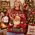 woman modeling a red all over print ugly christmas sweater with santa