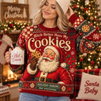 woman modeling a red all over print ugly christmas sweater with santa