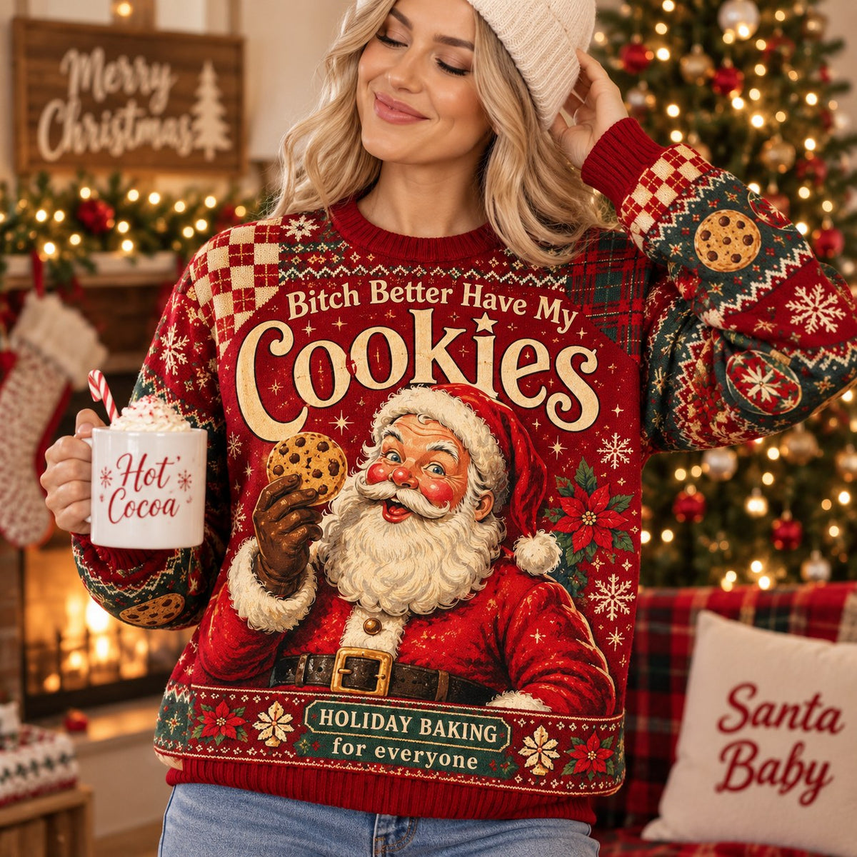 woman modeling a red all over print ugly christmas sweater with santa