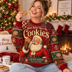 winking woman in a funny santa claus xmas sweater holding a cookie