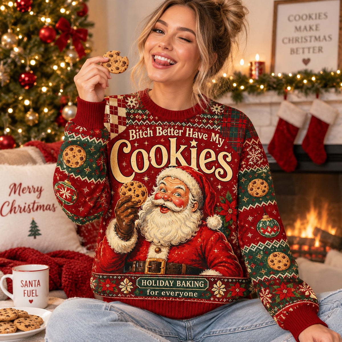 winking woman in a funny santa claus xmas sweater holding a cookie