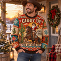 man in cowboy hat wearing santa claus giddy up jingle horse ugly