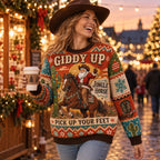 laughing woman in cowboy hat with coffee wearing the giddy up jingle