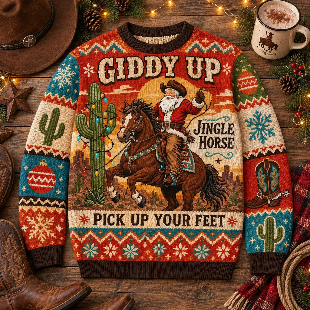 flat lay of the giddy up jingle horse santa claus ugly christmas