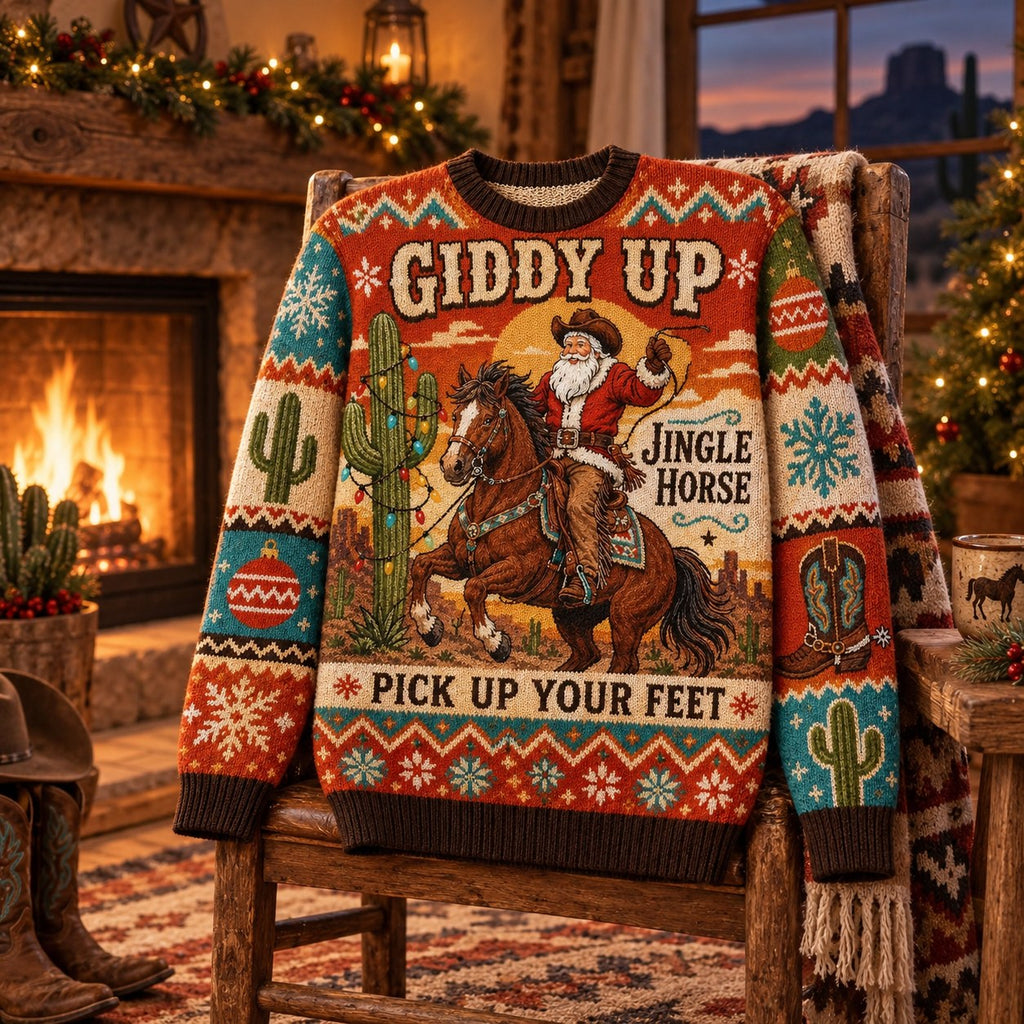Santa Claus Giddy Up Jingle Horse Pick Up Your Feet Ugly Christmas Sweater, Funny Western Christmas Jumper, Cowboy Santa Holiday Sweater Gifts For
